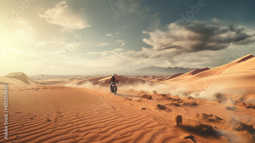 Motorcyclists in the desert. Biker rides a motorcycle through the sand dunes