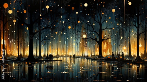 AI-generated landscape illustration of a gathering of people on a winter night in the city park. MidJourney. © EAStevens