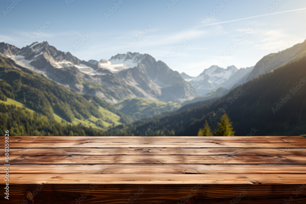 Wooden table on the background of blurry Mountain,winter theme ,product mockup and backdrop - obrazy, fototapety, plakaty 