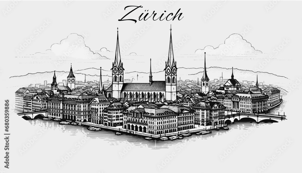 Zürich Skyline Panorama - Vektor-Illustration - obrazy, fototapety, plakaty 