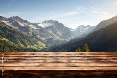 Wooden table on the background of blurry Mountain,winter theme ,product mockup and backdrop