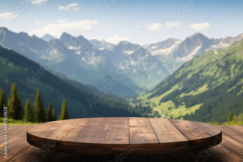 Wooden table on the background of blurry Mountain winter theme  product mockup and backdrop