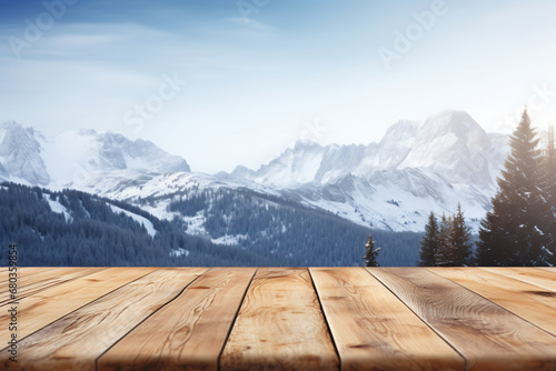 Wooden table on the background of blurry Mountain,winter theme ,product mockup and backdrop