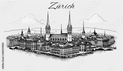 Zürich Skyline Panorama - Vektor-Illustration