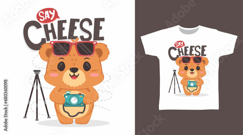 Cute Bear with Camera tshirt art fashion designs.