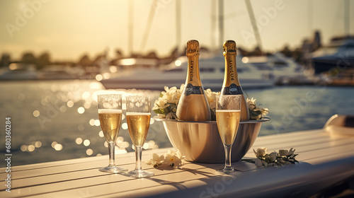 Luxury evening party on cruise yacht with champagne setting. Champagne glasses and bottle with champagne with bokeh yacht on background, nobody photo