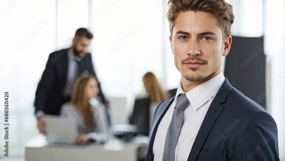 Portrait of young businessman in office, blurred office background Portrait of young businessman in office, blurred office background