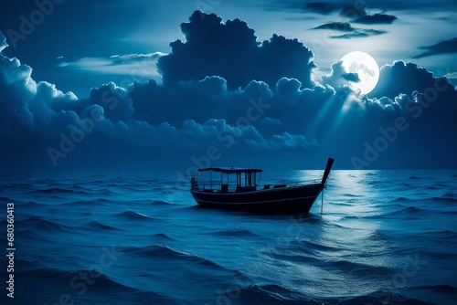 Boat drifting away in middle ocean after storm without course moonlight sky night skyline clouds background