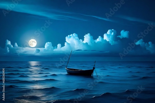 Boat drifting away in middle ocean after storm without course moonlight sky night skyline clouds background photo