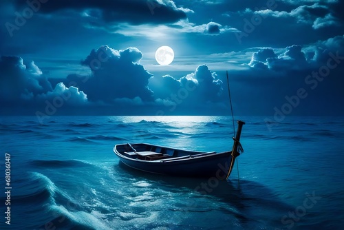 Boat drifting away in middle ocean after storm without course moonlight sky night skyline clouds background photo