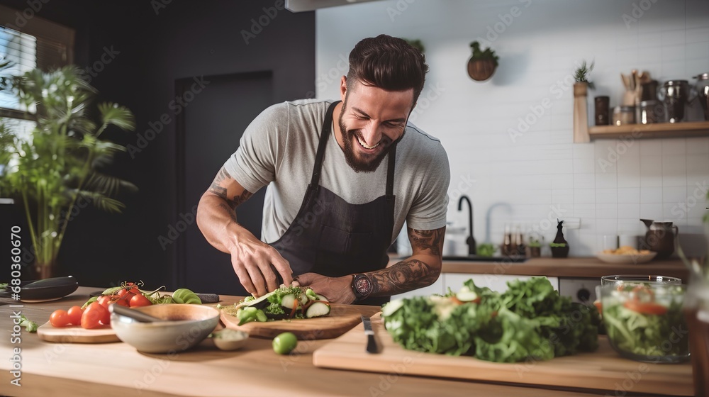 a male chef smiles while preparing food. generative AI a male chef smiles while preparing food. generative AI