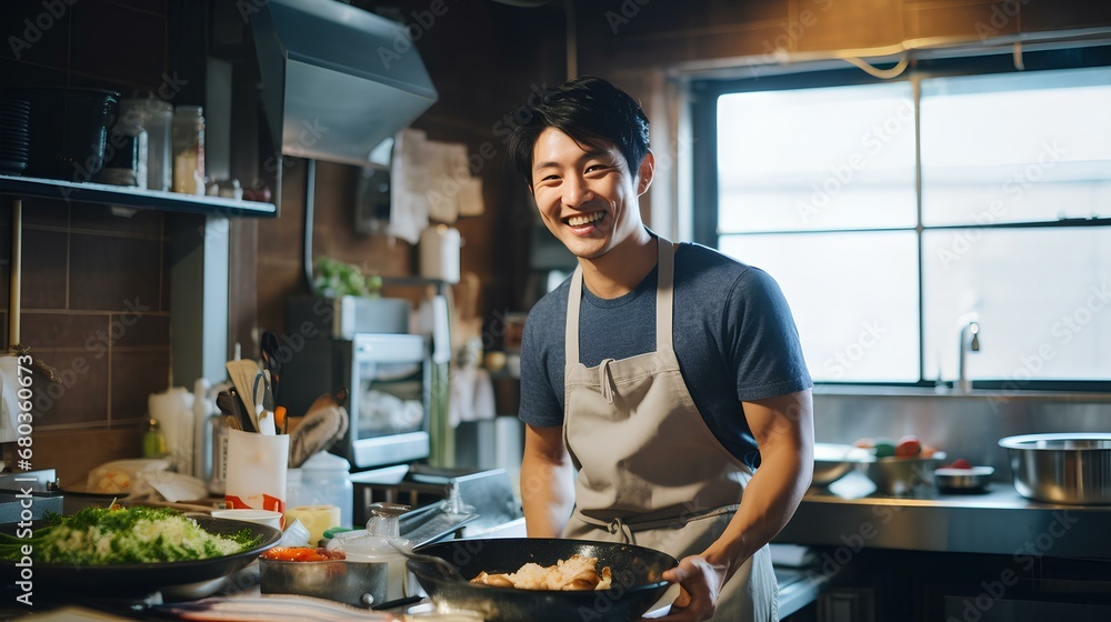 A young Korean male chef is smiling while working in his restaurant kitchen. generative AI A young Korean male chef is smiling while working in his restaurant kitchen. generative AI