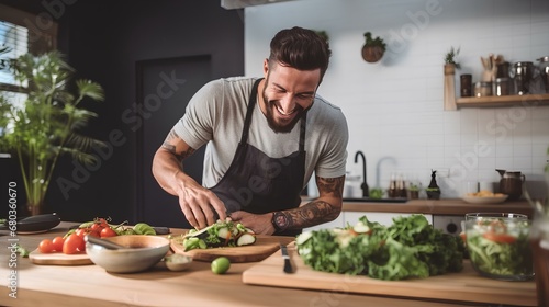 a male chef smiles while preparing food. generative AI