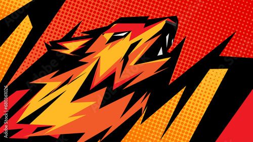 Striking race car design with halftone stripes and wolf head sticker.