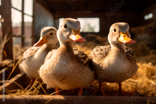 Ducks in the stable on a lively duck farm, illustrating the activity and charm of rural waterfowl farming. 