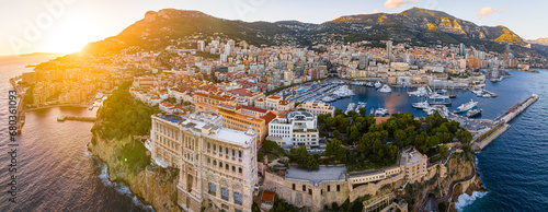 Sunset view of oceanographic museum in Monaco, a sovereign city-state on the French Riviera, in Western Europe, on the Mediterranean Sea