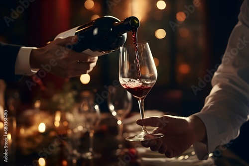 Focused Waiter's Hand Pouring Red Wine in Wine Glass at High Restaurant and Blurry Bokeh Background.