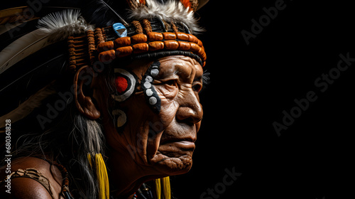 Portrait photo of Indigenous people of the Americas ,Red Indian, Native American old warrior chief, tribal panther make up,serious eyes, on black background.