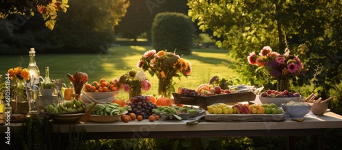 In the picturesque garden  a bountiful table was adorned with vibrant flowers  fresh food  and natural ingredients  reflecting a harmonious blend of nature and culinary delights that catered to health