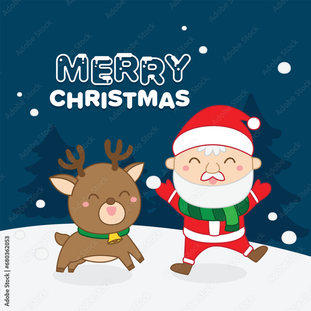 Merry Christmas and Happy New year greeting card. Santa claus and reindeer smiley on snow. Merry Christmas and Happy New year greeting card. Santa claus and reindeer smiley on snow.