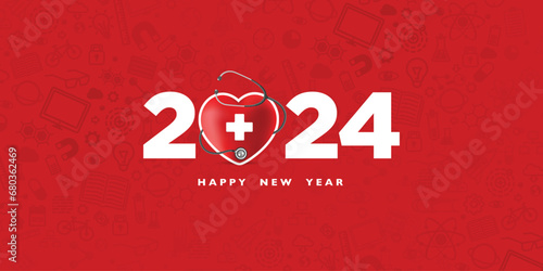 Red heard a medical sign with Stethoscope 2024 on a red background, Happy New Year for health care, Insurance, Wellness and medical concept. Celebrate the new year with Doctors, Nurses & Medical Staff
