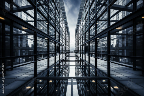 Skyscrapers in the windows of a modern office building