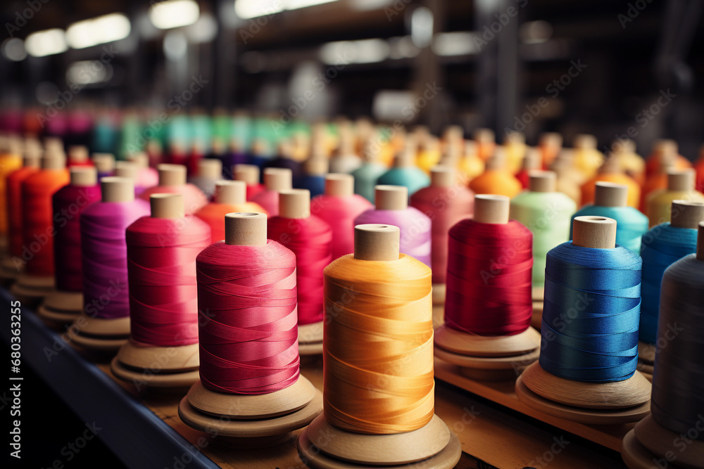 Colorful spools of thread on a spinning machine in a textile factory Colorful spools of thread on a spinning machine in a textile factory