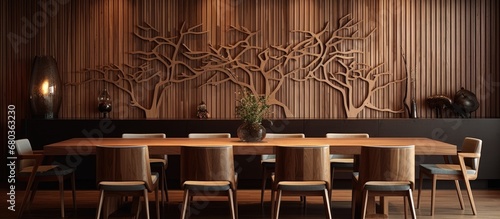 In a modern house, the dining room was an impressive space with a vintage touch the 3D art on the wood-paneled wall created a unique background for both work and relaxation.