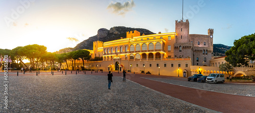 Sunset view of Prince's Palace in Monaco, a sovereign city-state on the French Riviera, in Western Europe, on the Mediterranean Sea photo