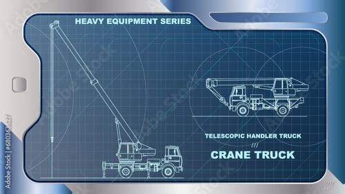 The wallpaper of A futuristic dashboard and screen with heavy equipment hologram interface technology. Telescopic handler Crane truck model.