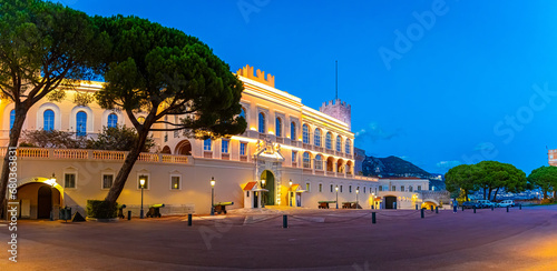 Sunset view of Prince's Palace in Monaco, a sovereign city-state on the French Riviera, in Western Europe, on the Mediterranean Sea photo