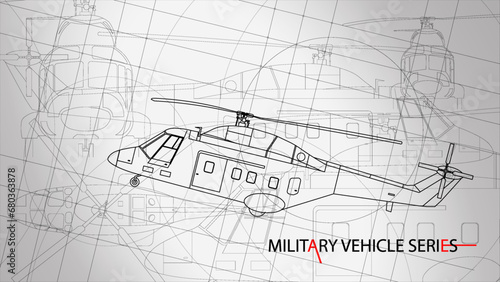 Line art sketch wallpaper of military vehicle series. Drafting art. Lines Drawing against white background. Helicopter fighter model.
