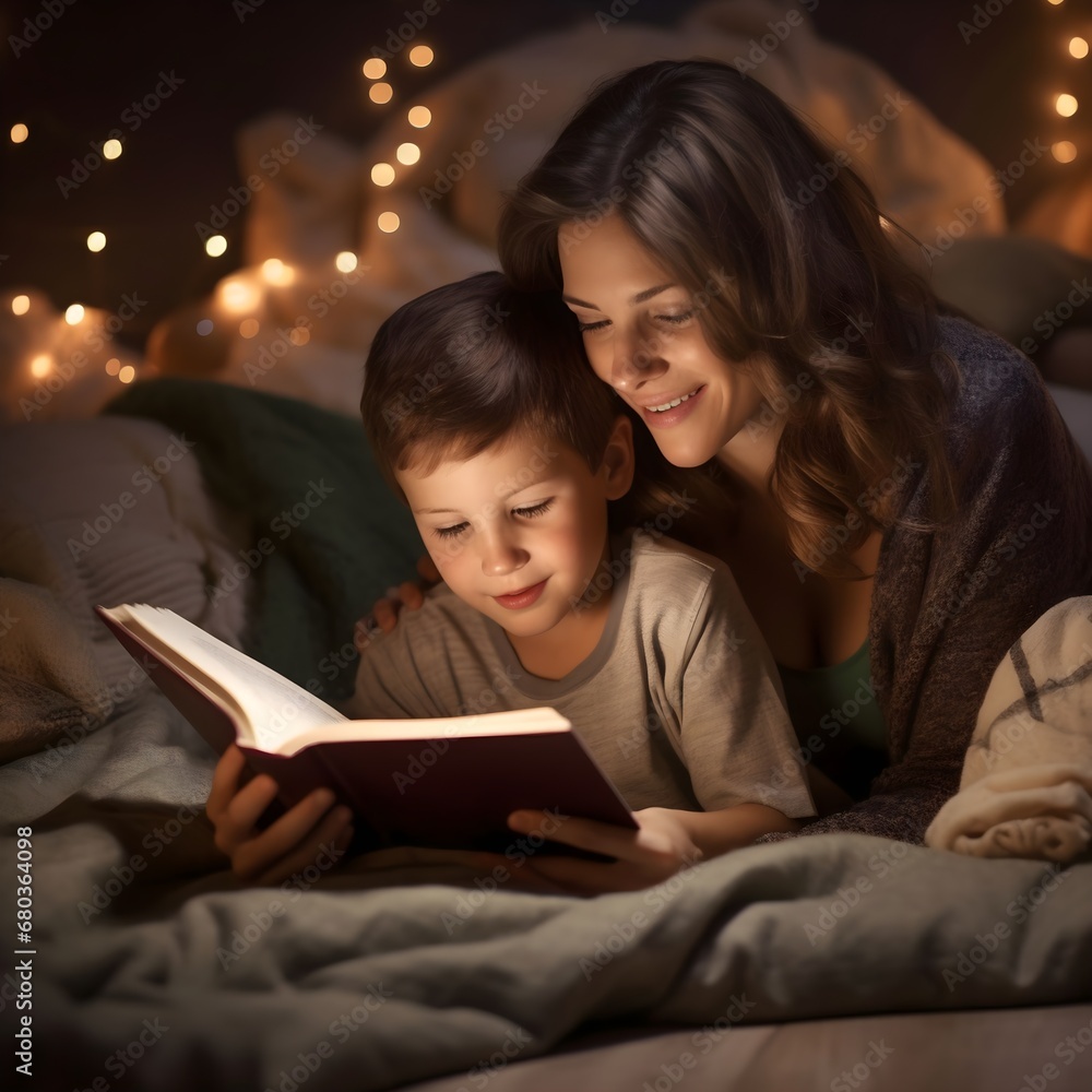 A mother and her young son enjoy story time together - generative AI A mother and her young son enjoy story time together - generative AI