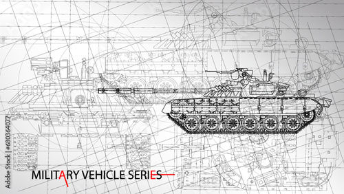 Line art sketch wallpaper of military vehicle series. Drafting art. Lines Drawing against white background. Battle tank model.