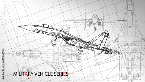 Line art sketch wallpaper of military vehicle series. Drafting art. Lines Drawing against white background. Jet fighter model.