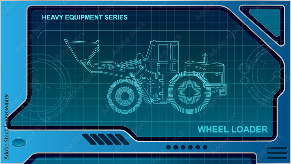 The wallpaper of A futuristic dashboard and screen with heavy equipment hologram interface technology. Wheel loader model. The wallpaper of A futuristic dashboard and screen with heavy equipment hologram interface technology. Wheel loader model.