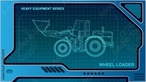 The wallpaper of A futuristic dashboard and screen with heavy equipment hologram interface technology. Wheel loader model.