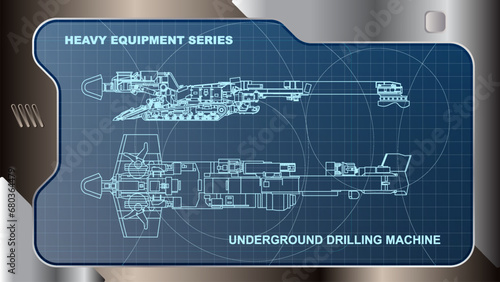 The wallpaper of A futuristic dashboard and screen with heavy equipment hologram interface technology. Underground Drilling Machine model.