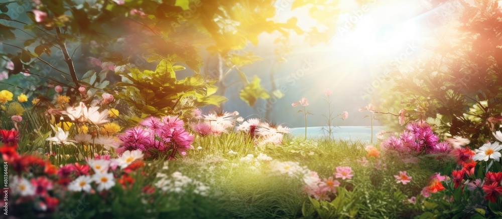 background of a sunny summer day, amidst the vibrant colors of nature, the light illuminates the floral beauty of the garden, highlighting the delicate leaves and flowers, creating a picturesque scene