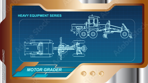 The wallpaper of A futuristic dashboard and screen with heavy equipment hologram interface technology. Motor grader model. photo