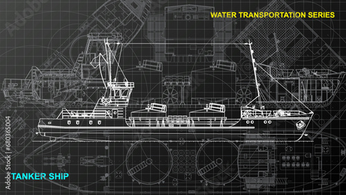Line art sketch wallpaper of water transportation series. Drafting art. Grid lines drawing against dark background.