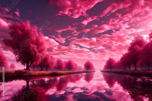 A 3D world where AMARANTH PINK and RUBINE RED waters meet under a CAFE NOIR sky. The reflections are so lifelike, as if taken by an HD camera.