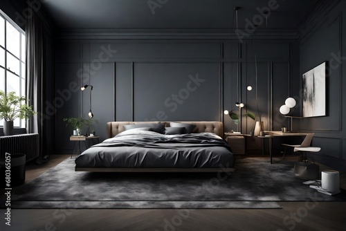 A sleek and modern room in DARK SLATE CARBON GRAY and PASTEL GRAY, expertly shot in high-definition to bring out its elegance. © NUSRAT ART