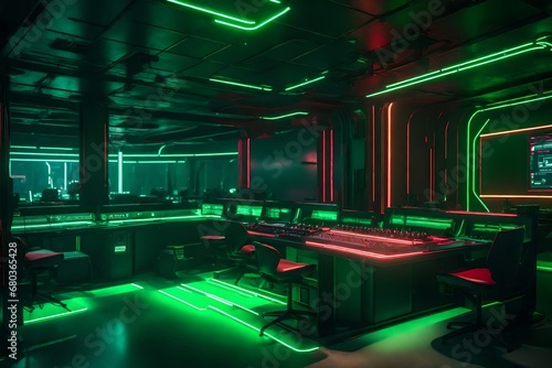 A futuristic gaming sanctuary with a bold color palette of green, red, and black. The HD camera brings out the room's fine details and sharp contrasts.