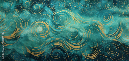 Rich teal and gold fabric textured curves for wallpaper or background 003 photo
