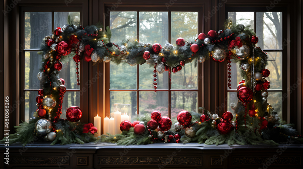 christmas wreath on the window, Christmas tree decorated with baubles and lights. New Year celebration concept