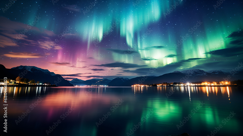 sunset over the river, Aurora borealis lake snowy trees mountains, Aurora borealis over fjord and mountains at night