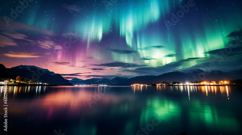 sunset over the river, Aurora borealis lake snowy trees mountains, Aurora borealis over fjord and mountains at night