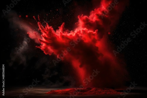 Vibrant red powder exploding into the dark abyss.