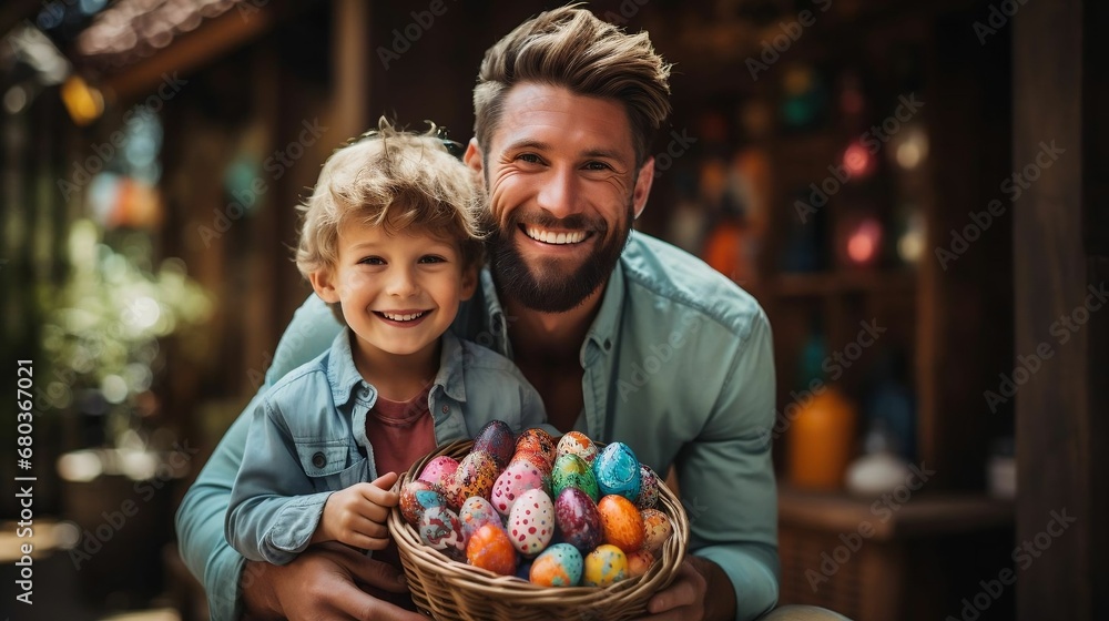 Sweet happy father and little son holding wicker basket full of painted multi-colored Easter eggs
Sweet happy father and little son holding wicker basket full of painted multi-colored Easter eggs
